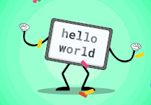 animation of a dancing computer screen displaying the words 'hello world'