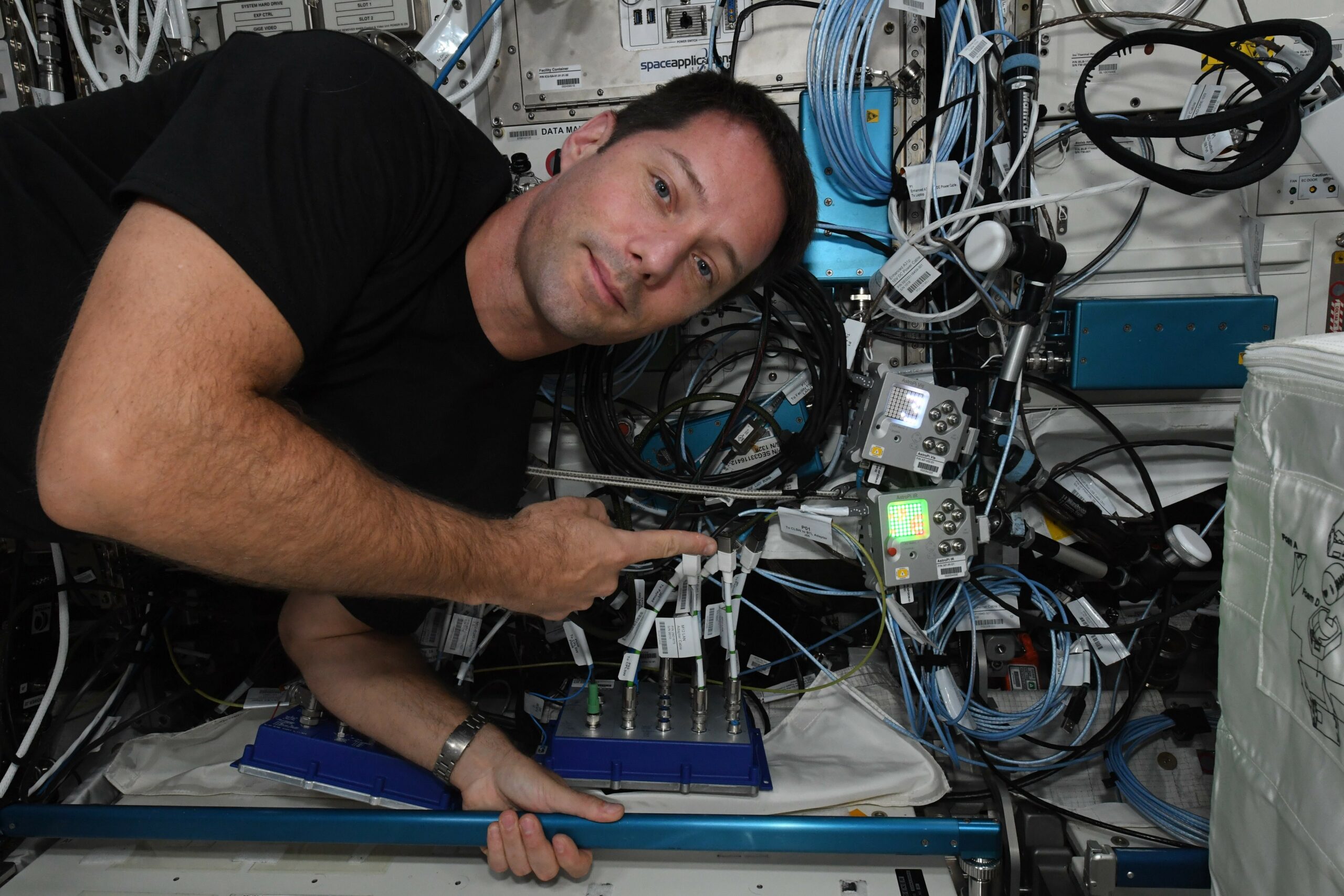 ESA Astronaut Thomas Pesquet with the Astro Pi computers aboard the International Space Station
