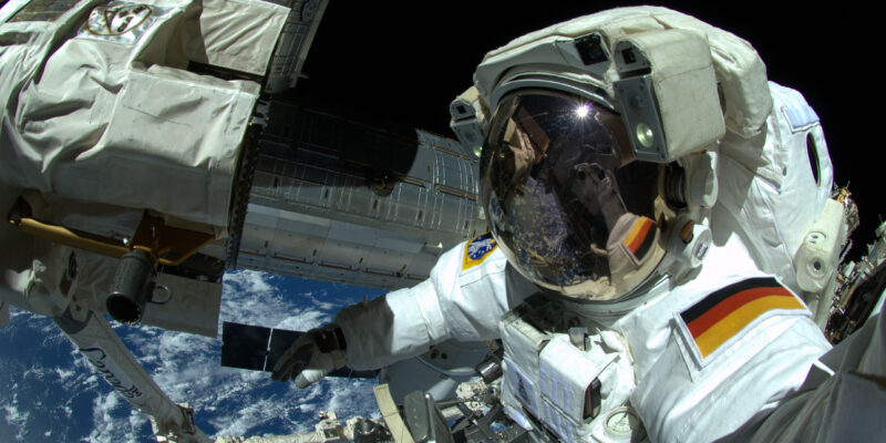 ESA astronaut Alexander Gerst on a spacewalk outside the ISS.