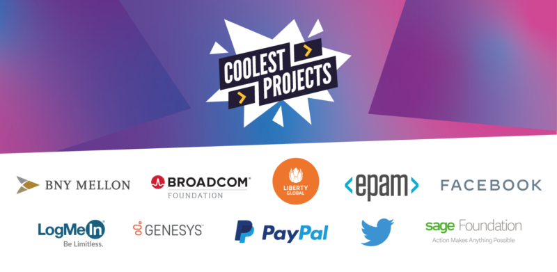 Coolest Projects online showcase 2021 sponsors: BNY Mellon, Broadcom Foundation, Liberty Global, EPAM, Facebook, LogMeIn, Genesys, PayPal, Twitter, Sage Foundation.