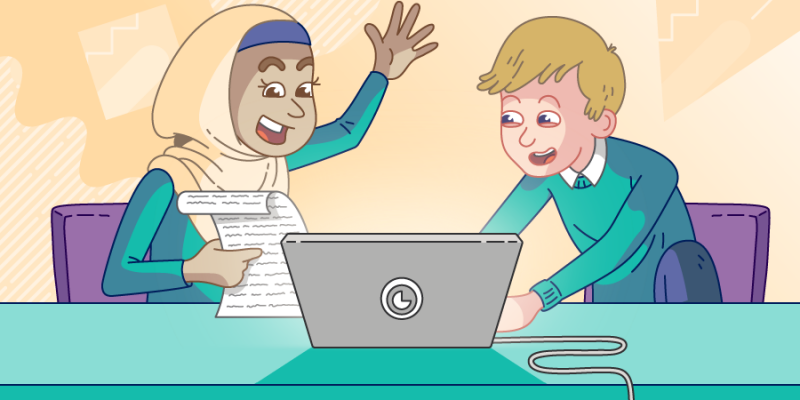 An illustration of a girl wearing a hijab and a boy working together at a laptop
