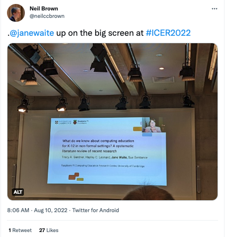 A tweet about a presentation about non-formal learning at the ICER 2022 conference.