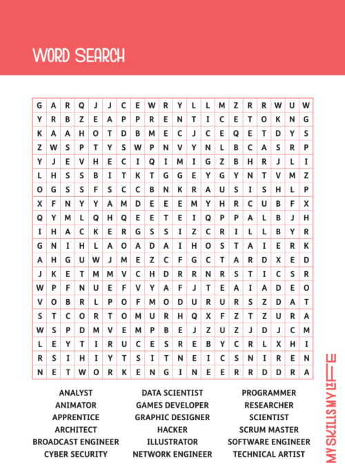A word search activity related to computing-related jobs.