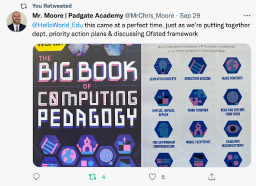 A tweet praising The Big Book of Computing Pedagogy.