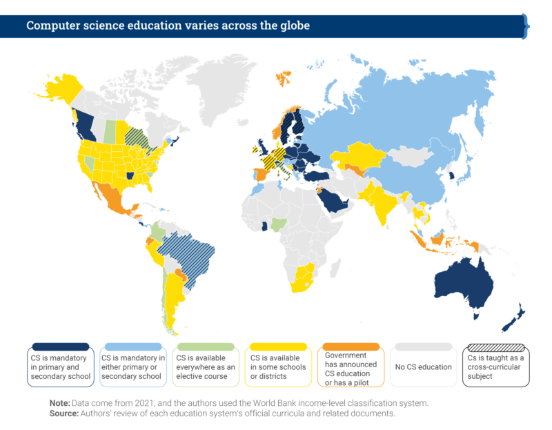 A world map showing countries' situation in terms of computing education policy.
